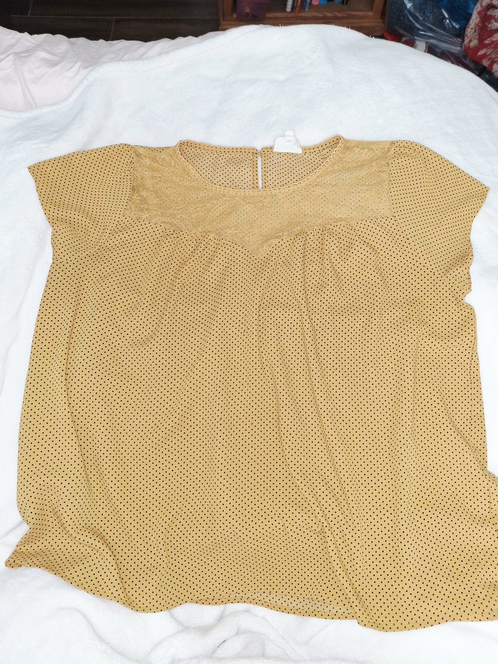Mustard Yellow Polka Dot Lace Yoke Short Sleeve Blouse